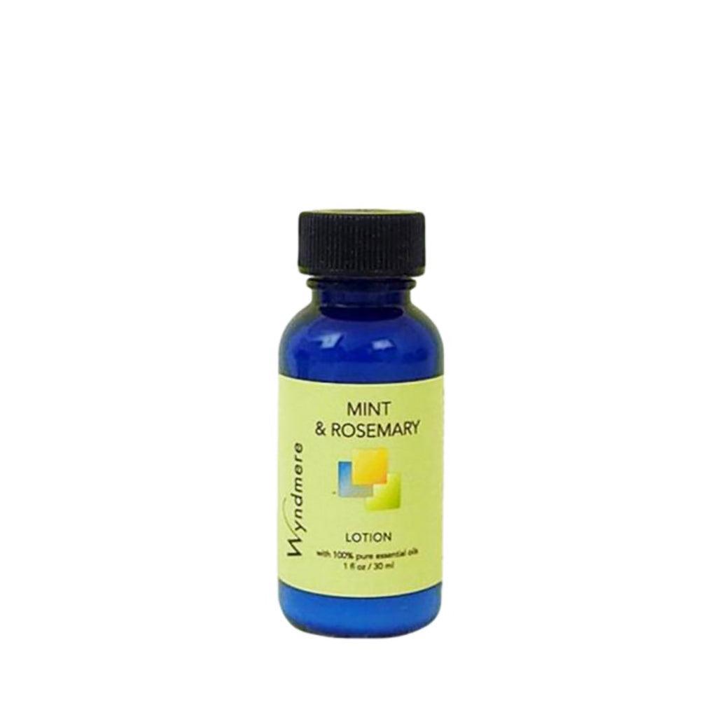 Wyndmere Mint & Rosemary Lotion in a 1oz cobalt blue bottle