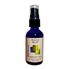 2oz cobalt blue bottle of Muscle Relief Massage Oil