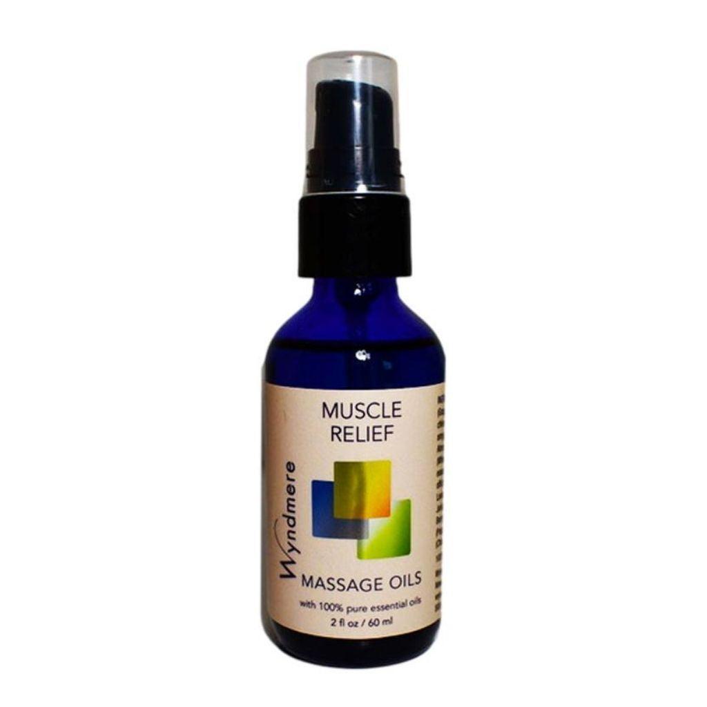 2oz cobalt blue bottle of Muscle Relief Massage Oil