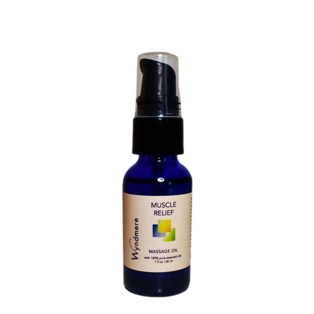 1oz cobalt blue bottle of Muscle Relief Massage Oil
