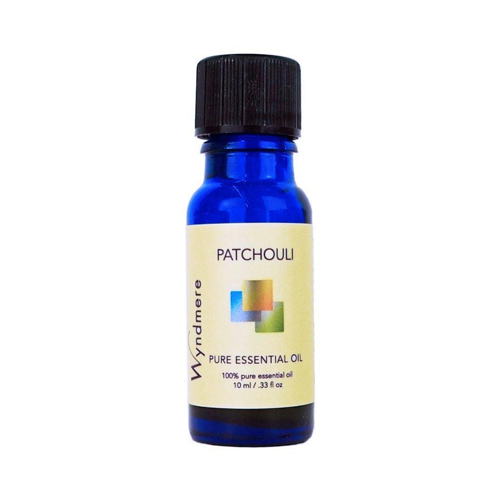 Patchouli - 10ml cobalt blue bottle of Wyndmere Patchouli Essential Oil that has a rich, earthy odor