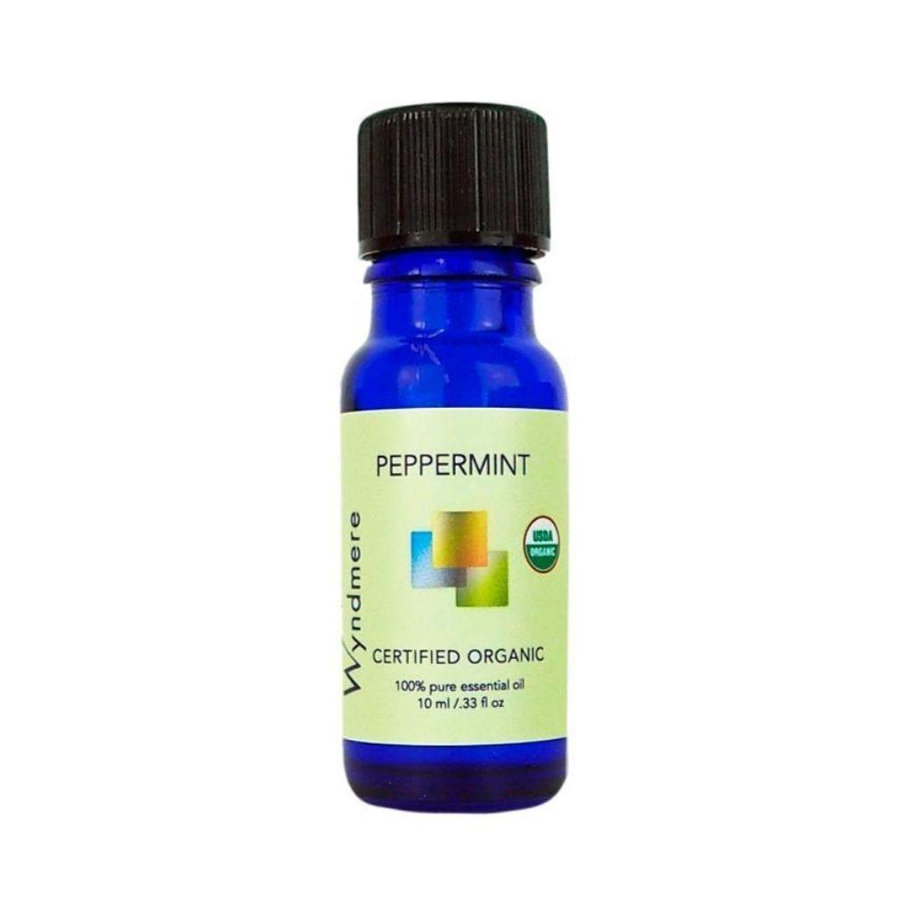 Peppermint - 10ml cobalt blue bottle of Wyndmere Certified Organic Peppermint Essential Oil that has a fresh, minty, energizing scent