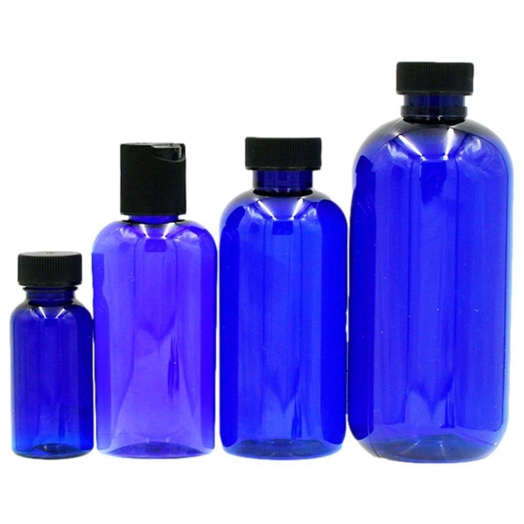 Multiple sizes of cobalt blue (PET) plastic bottles with a cap.