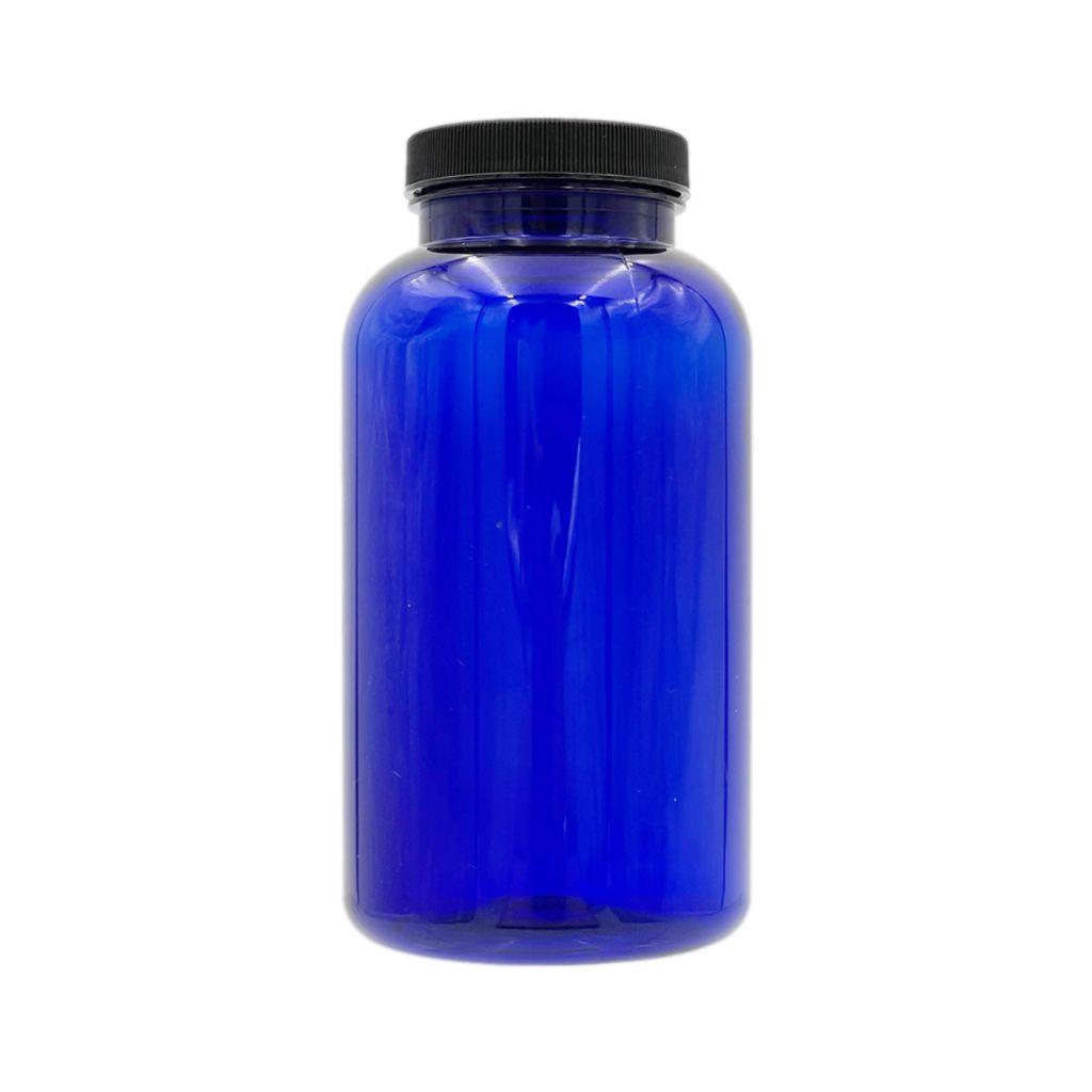21oz cobalt blue (PET) plastic bottle with black cap. PBA Free
