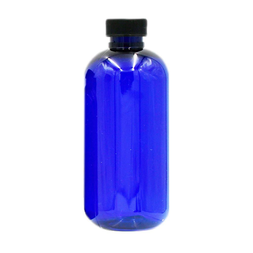 8 oz cobalt blue boston round plastic (PET) bottle with black cap. BPA free.
