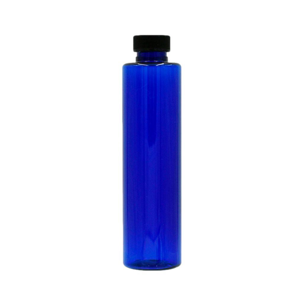 6oz cobalt blue (PET) plastic bottle with black cap. PBA Free