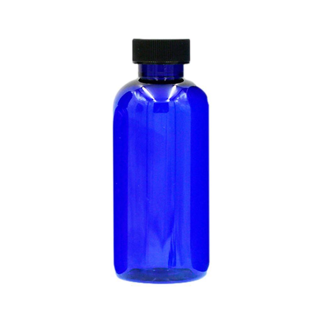 4 oz cobalt blue boston round plastic (PET) bottle with black cap. BPA free.