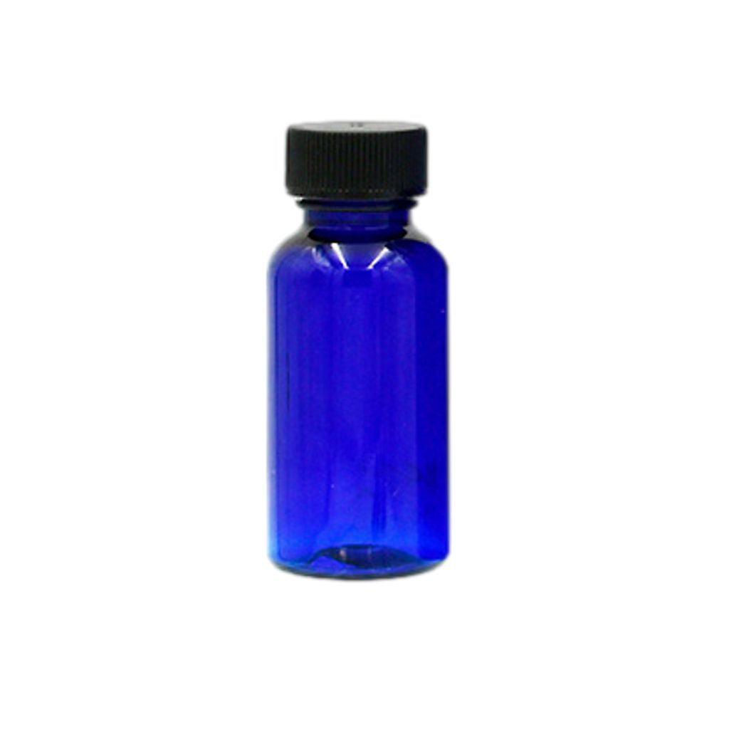 1oz cobalt blue boston round plastic (PET) bottle with black cap. BPA free.