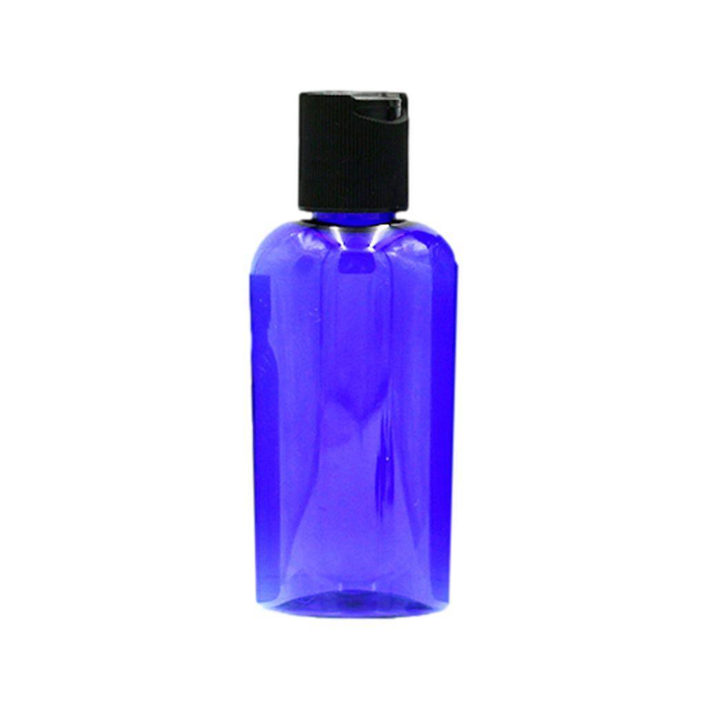 2 oz. cobalt blue plastic oval shaped bottle with dispenser pop-up top.