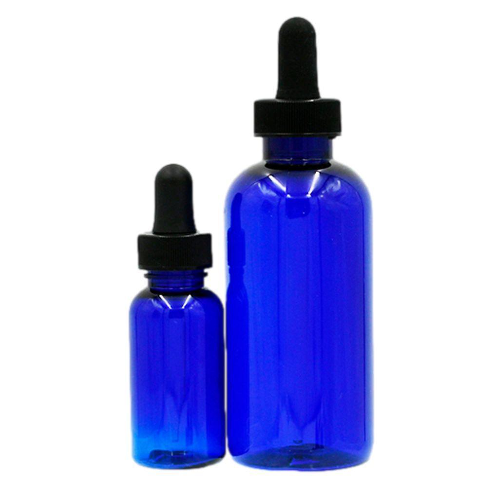 Group of cobalt blue boston round plastic (PET) bottles with black dropper