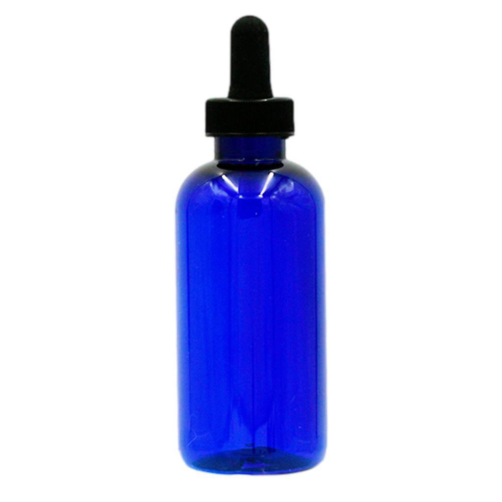 4oz cobalt blue boston round plastic (PET) bottle with black dropper.