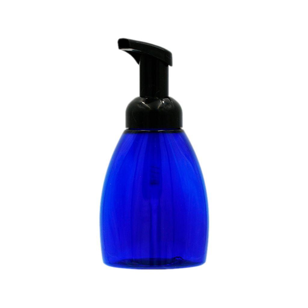 Empty 8 oz cobalt blue (PET) plastic bottle with black foaming pump for liquid soaps and DIY projects.