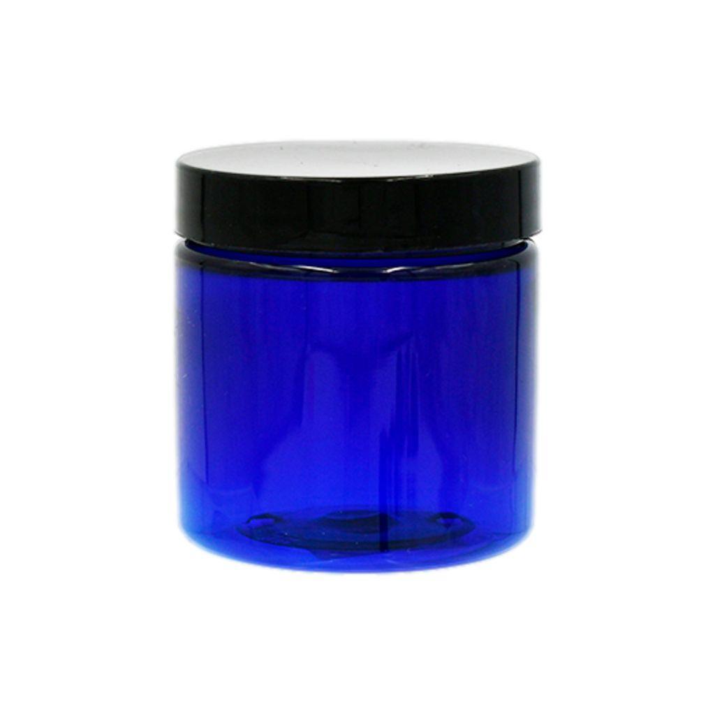 4oz cobalt blue plastic (PET) jar with black lid