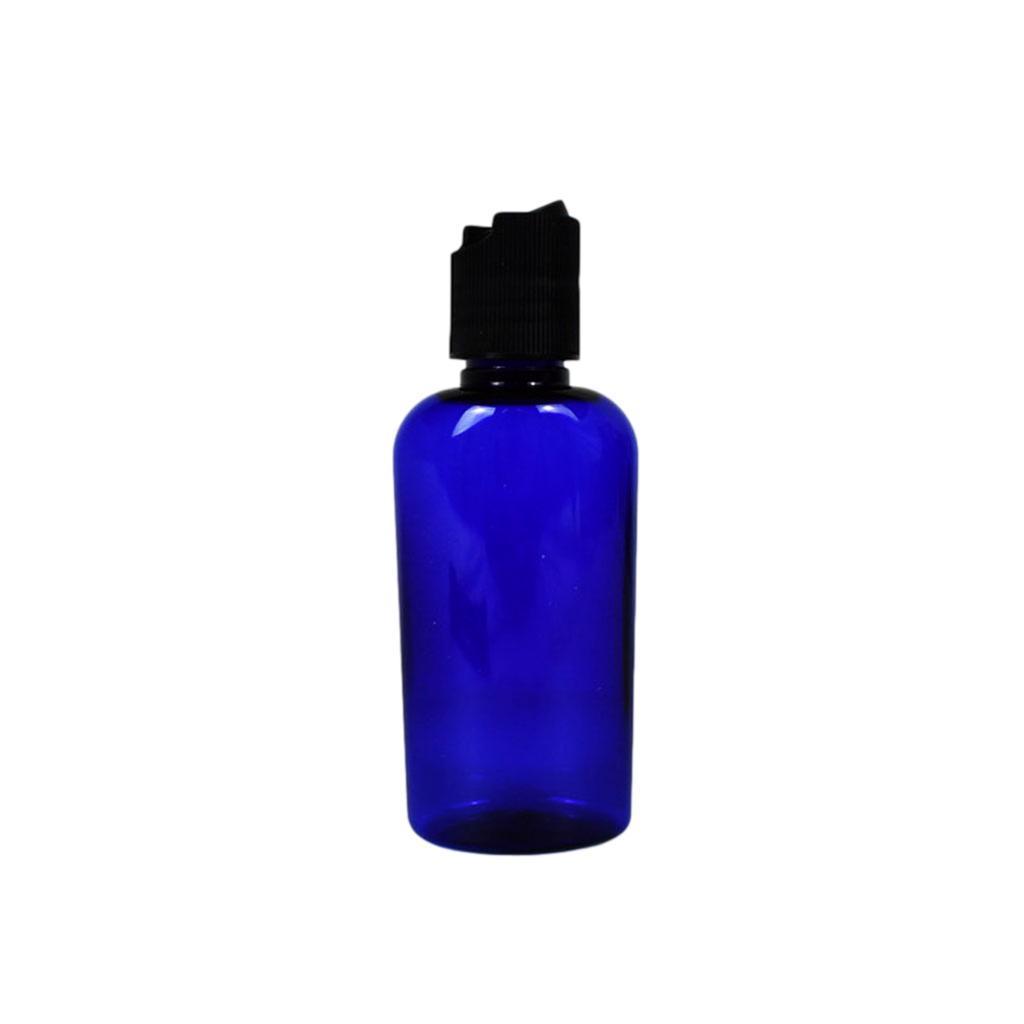 2 oz cobalt blue plastic (PET) oval bottle with open black dispenser top 