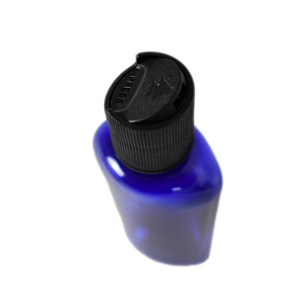 2 oz cobalt blue plastic (PET) oval bottle showing close up of black dispenser top