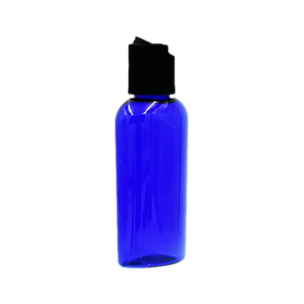 2 oz cobalt blue plastic (PET) oval bottle with open black dispenser top
