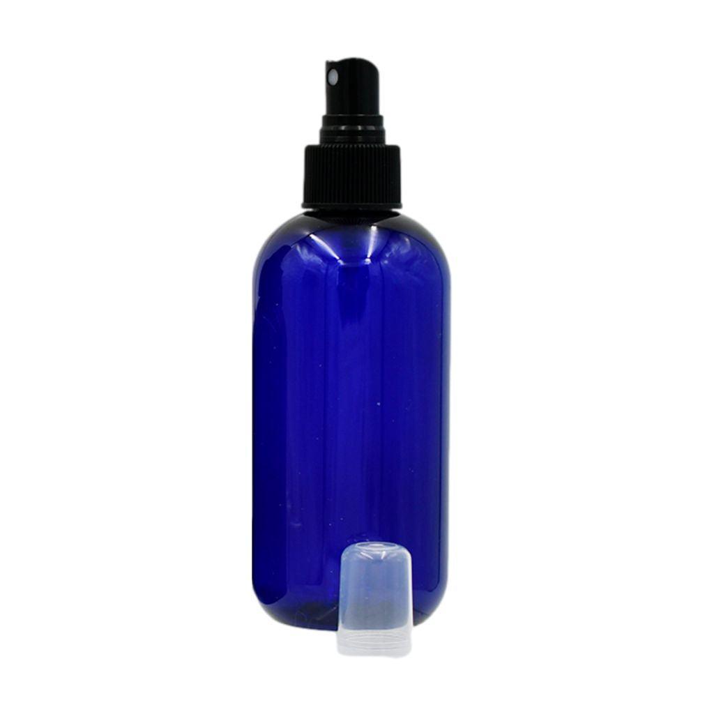 8 oz cobalt blue boston round plastic (PET) bottle with black ribbed fine spray mister