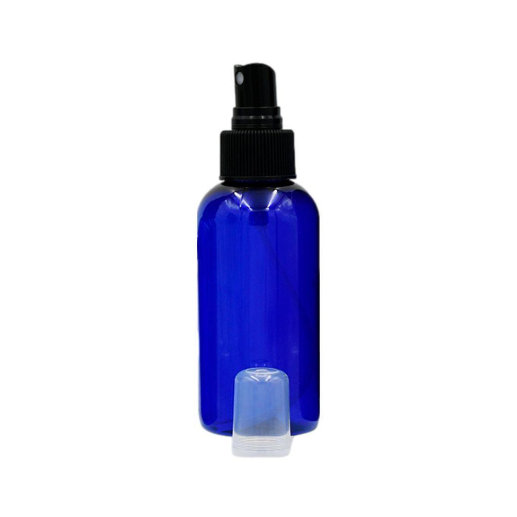 4 oz cobalt blue boston round plastic (PET) bottle with black ribbed fine spray mister