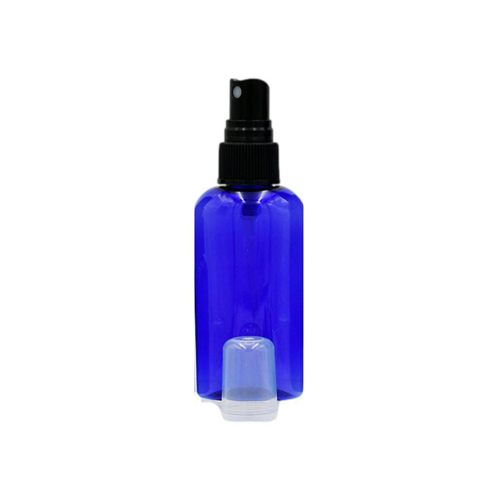 2 oz cobalt blue boston oval plastic (PET) bottle with black ribbed fine spray mister