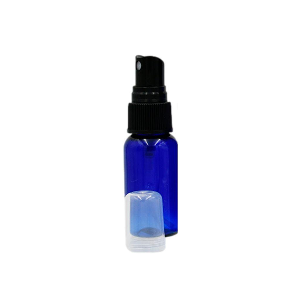 1 oz cobalt blue boston round plastic (PET) bottle with black ribbed fine spray mister