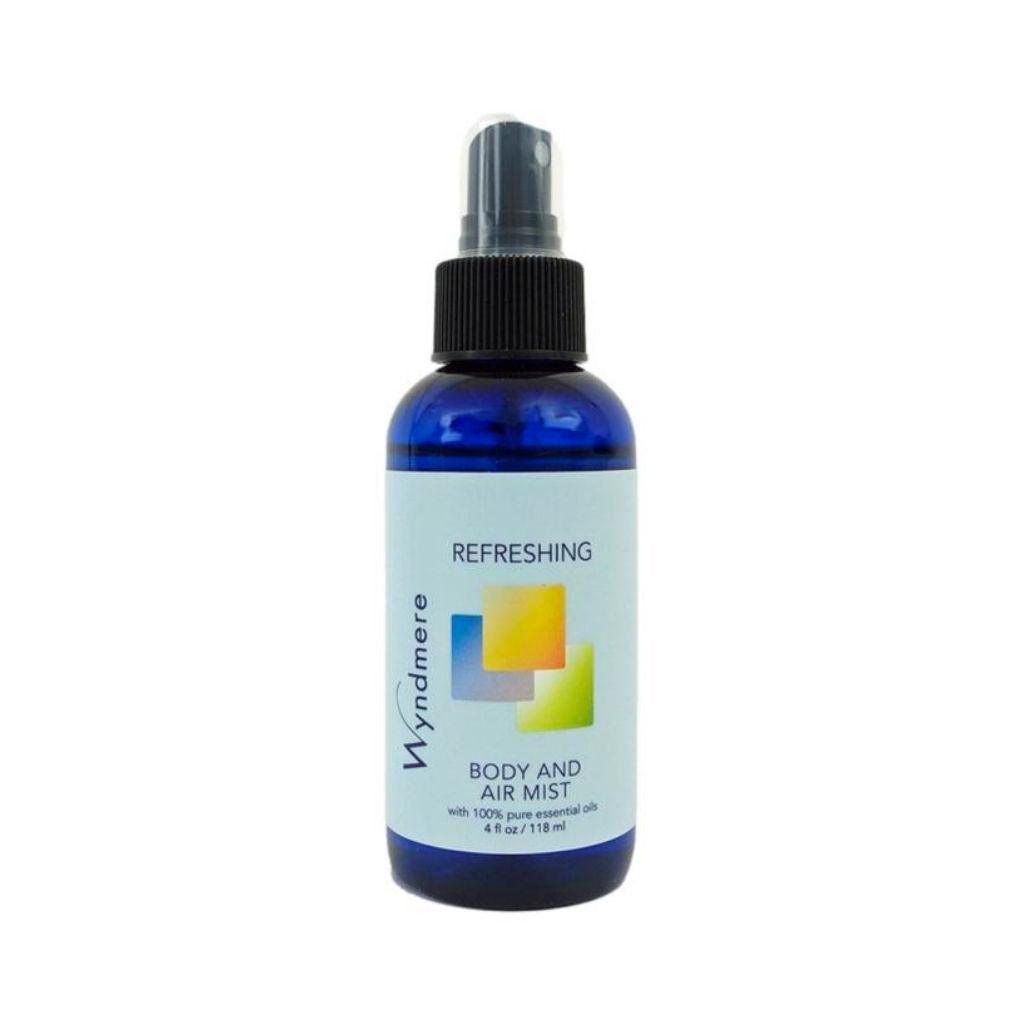 An uplifting and energizing Refreshing Body & Air Mist in a 4oz blue bottle