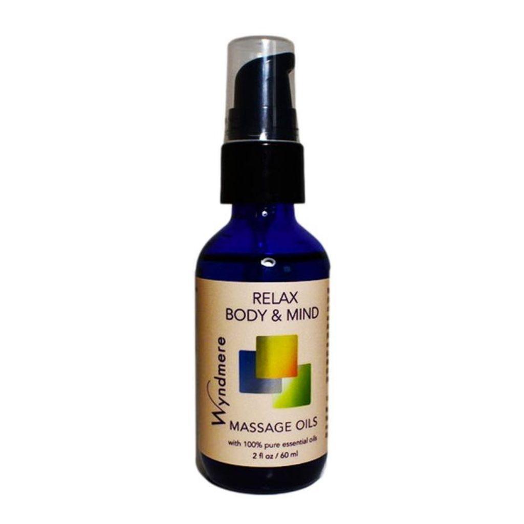 2oz cobalt blue bottle of Relax (Body and Mind) Massage Oil