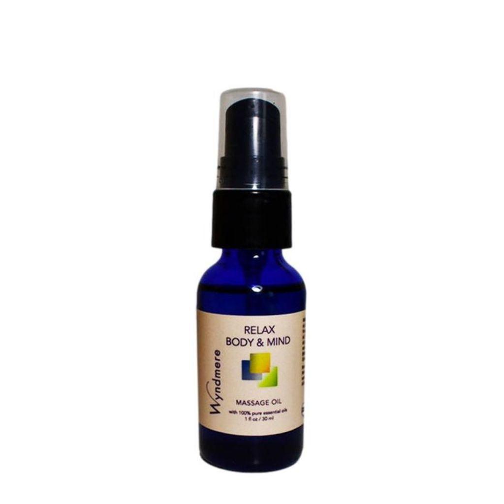 1oz cobalt blue bottle of Relax (Body and Mind) Massage Oil