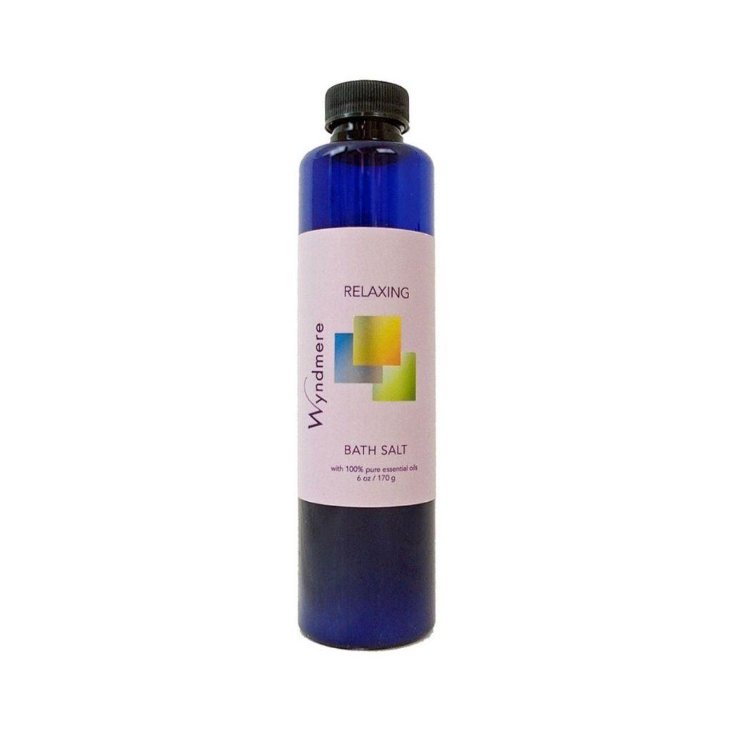 6 ounce cobalt blue bottle of Wyndmere Relaxing Bath Salt having to help you calm nervous tension