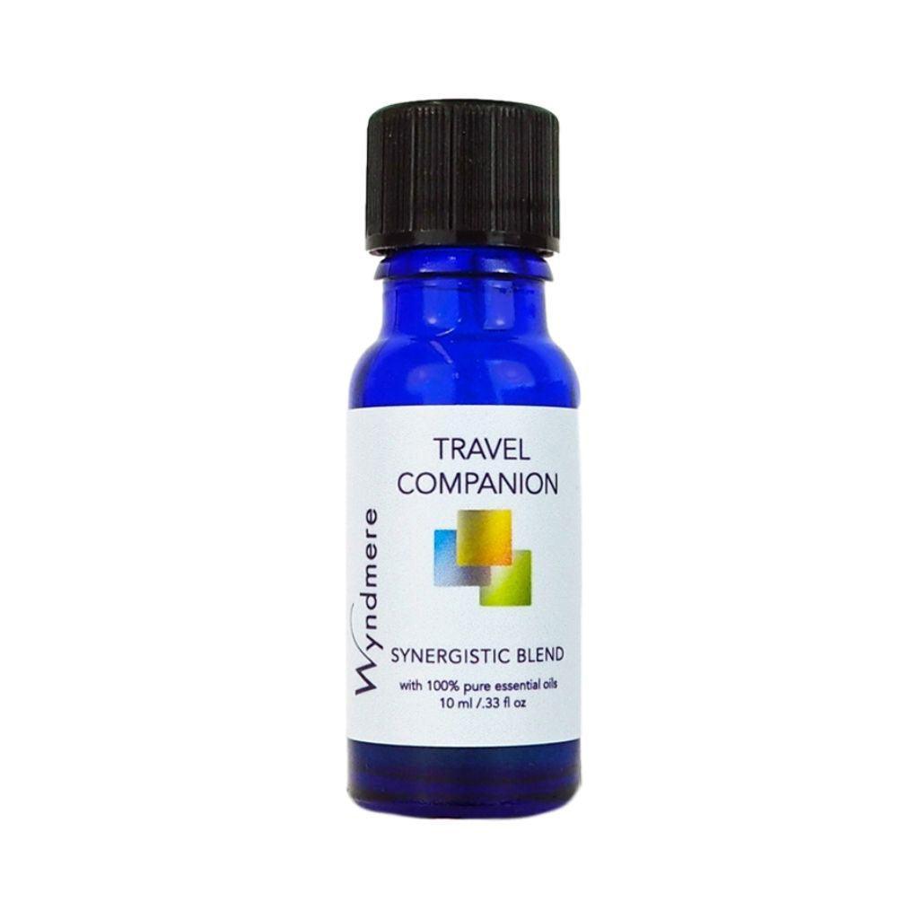 10ml cobalt blue bottle of Travel Companion blend made with the best essential oils to uplift, restore, and energize