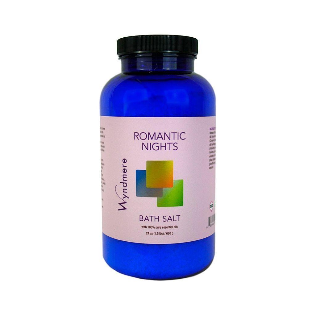 Elegantly fragrant essential oil blend of Wyndmere Romantic Nights Bath Salts in a 24 ounce cobalt blue bottle