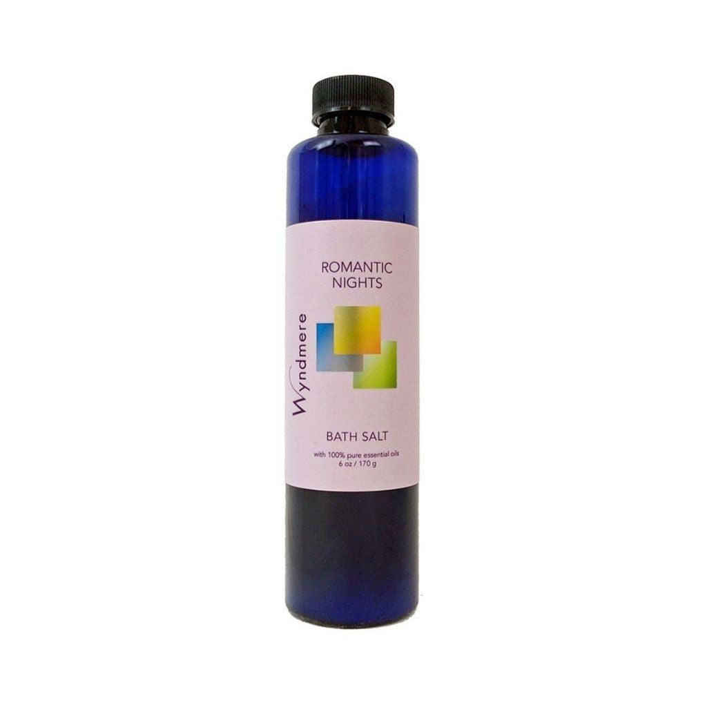 Elegantly fragrant essential oil blend of Wyndmere Romantic Nights Bath Salts in a 6 ounce cobalt blue bottle