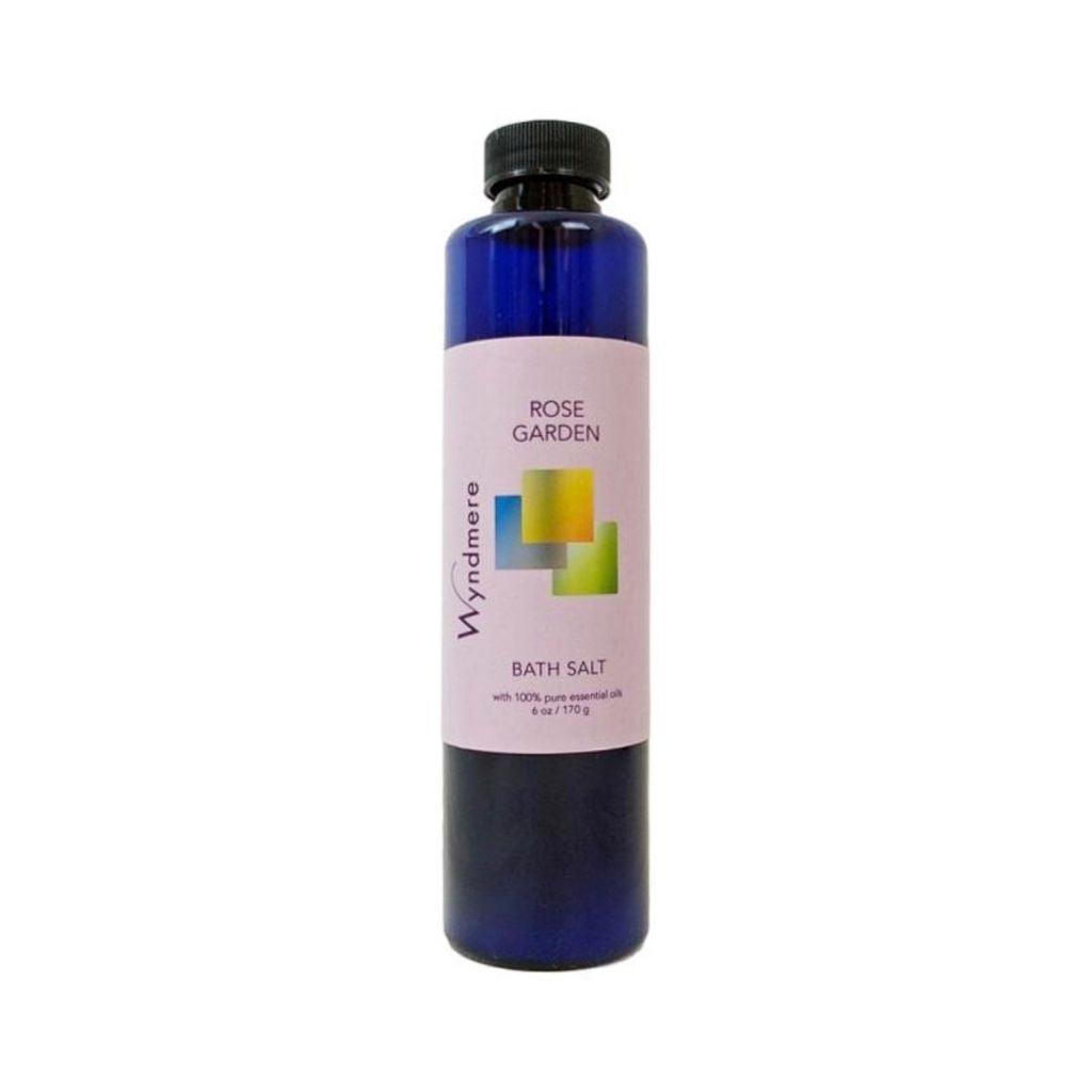 6 ounce cobalt blue bottle of Wyndmere Rose Garden Bath Salt for that luxurious bath
