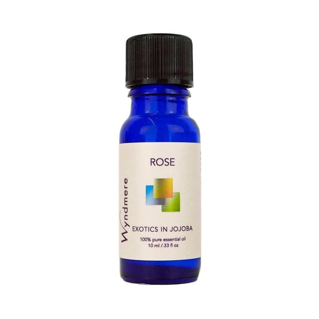 Wyndmere Rose Essential Oil diluted in Jojoba in a 10ml cobalt blue bottle