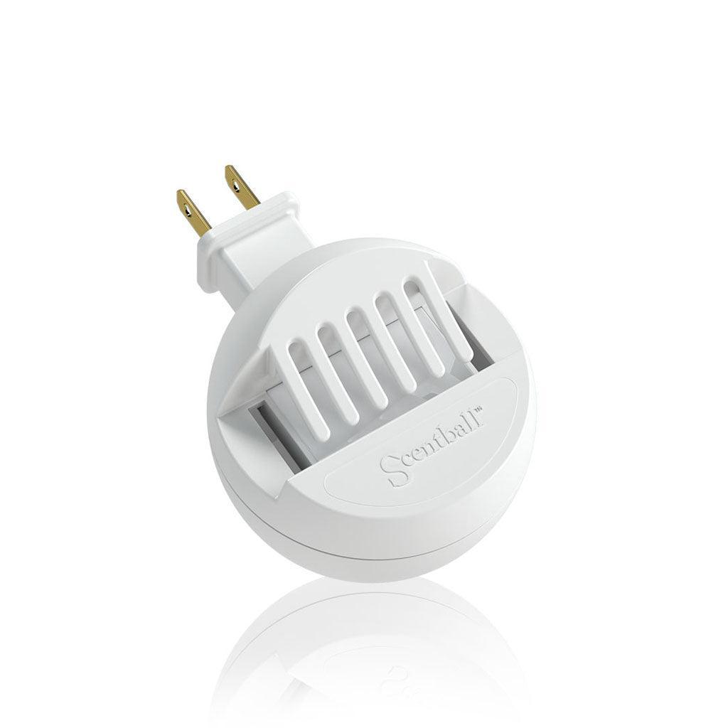 White ScentBall that plugs into an outlet for immediate diffusion of essential oils.