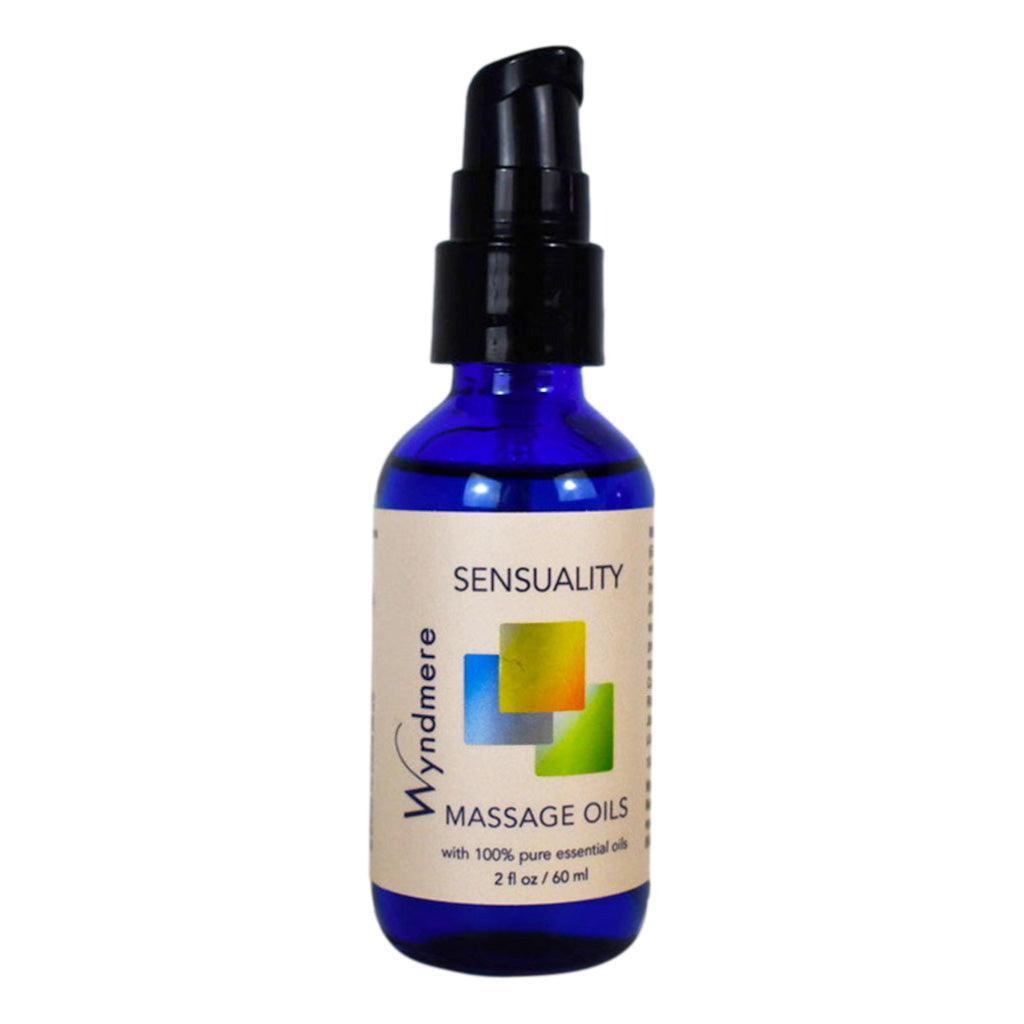 2oz cobalt blue bottle of Sensuality Massage Oil