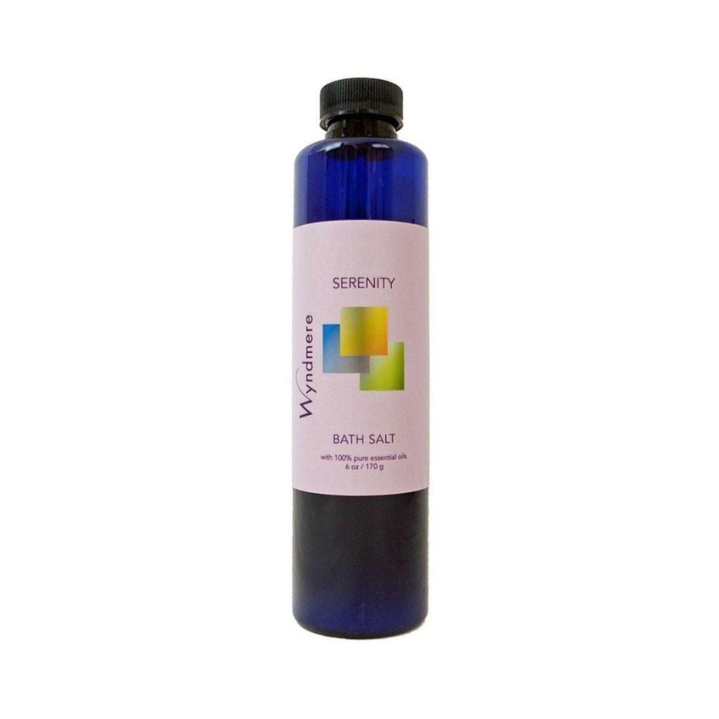 6 ounce cobalt blue bottle of Wyndmere Serenity Bath Salt helping to create calmness and peacefulness