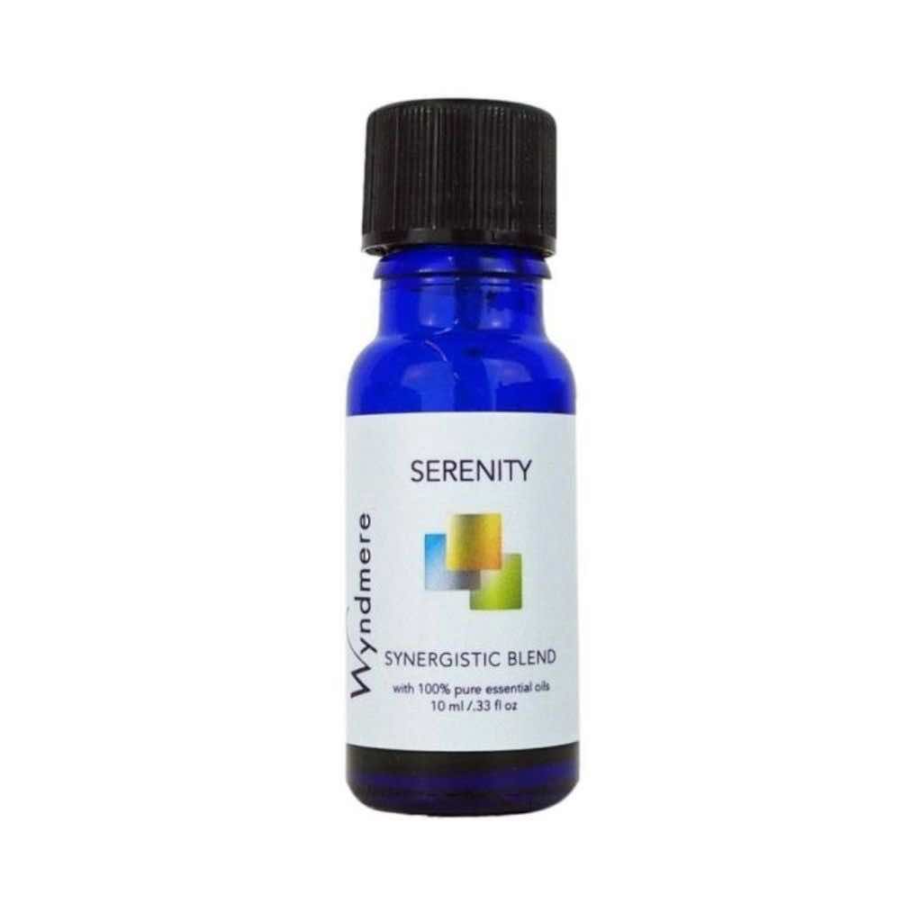 Serenity essential oil blend in a 10ml cobalt blue bottle to help create calmness and peacefulness