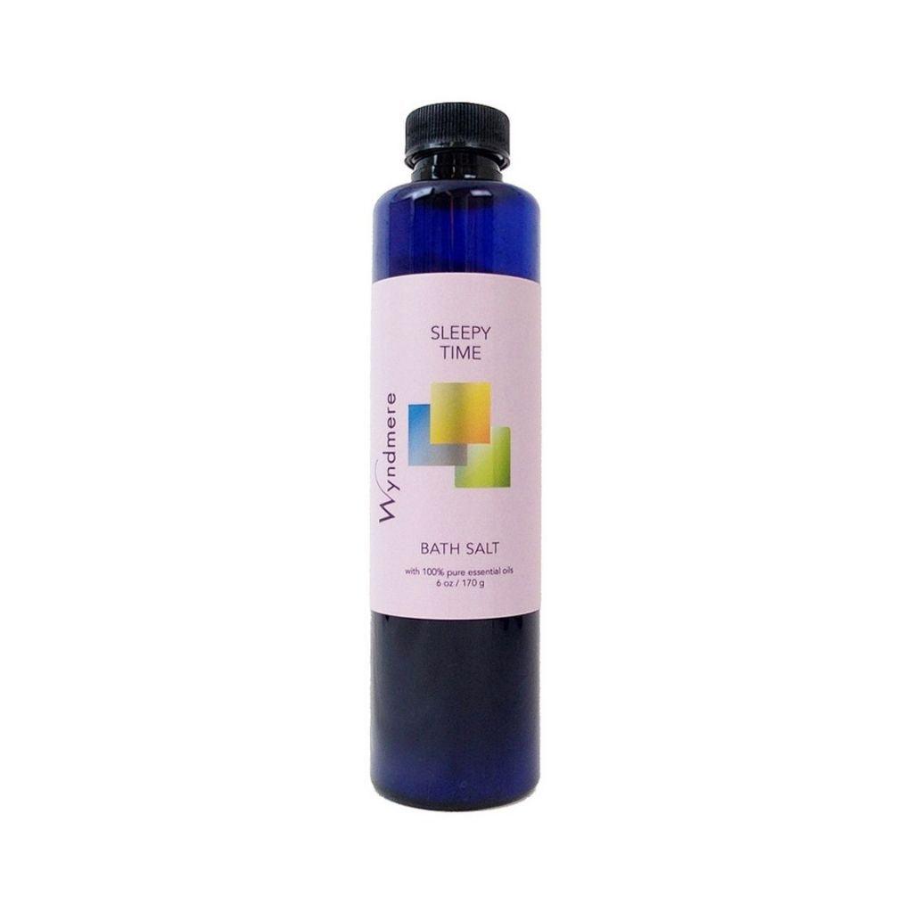 6 ounce cobalt blue bottle of Wyndmere Sleepy Time Bath Salt that helps you take relaxation to the max.