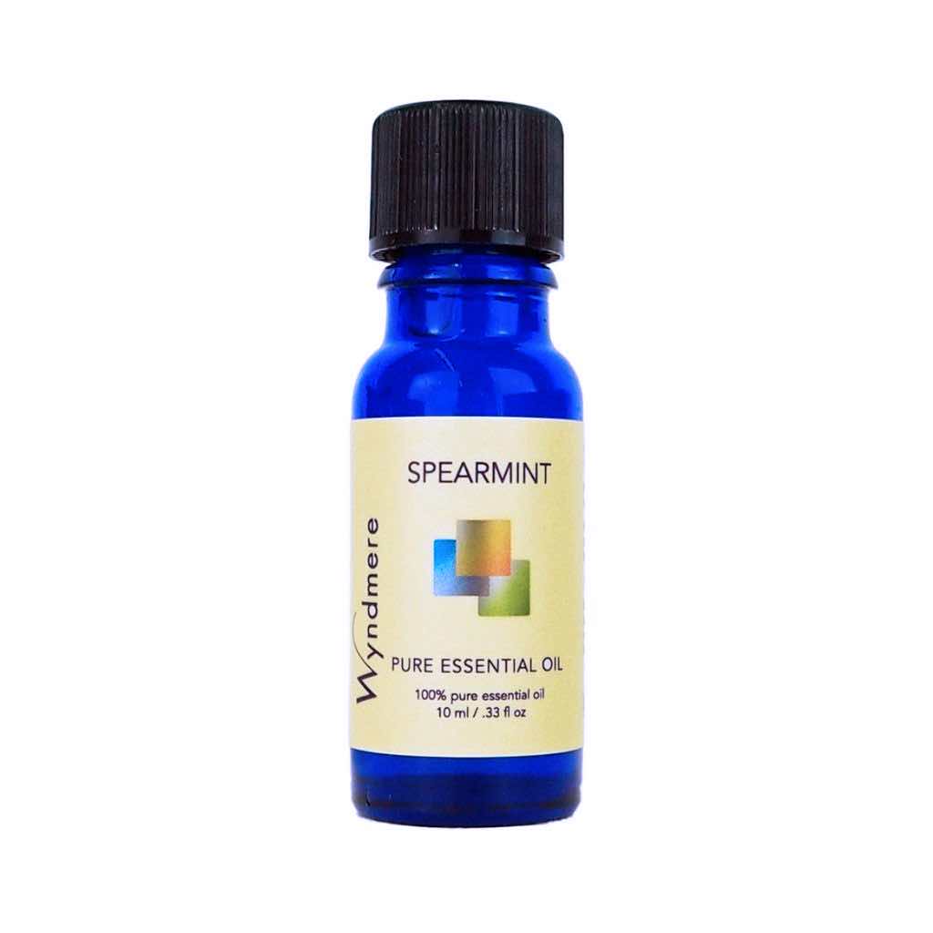 Spearmint - 10ml cobalt blue bottle of Wyndmere Spearmint Essential Oil that has a sweet, minty, energizing aroma
