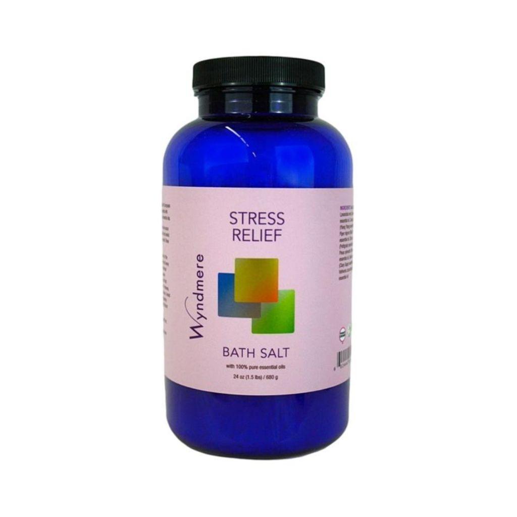 24 ounce cobalt blue bottle of Wyndmere Stress Relief Bath Salt used to help ease anxiety and nervous tension