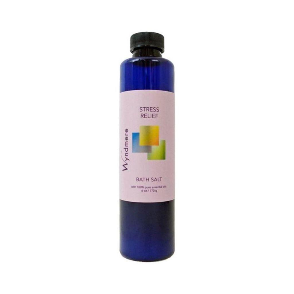 24 ounce cobalt blue bottle of Wyndmere Stress Relief Bath Salt used to help ease anxiety and nervous tension