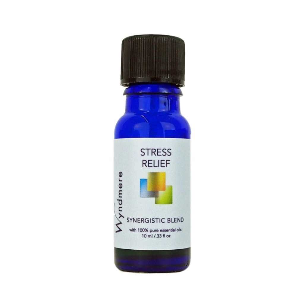 Stress Relief essential oil blend in a 10ml cobalt blue bottle used to help ease anxiety and nervous tension