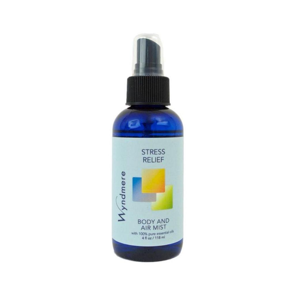 Stress Relief Body & Air Mist in a 4oz blue bottle used to help ease anxiety and nervous tension