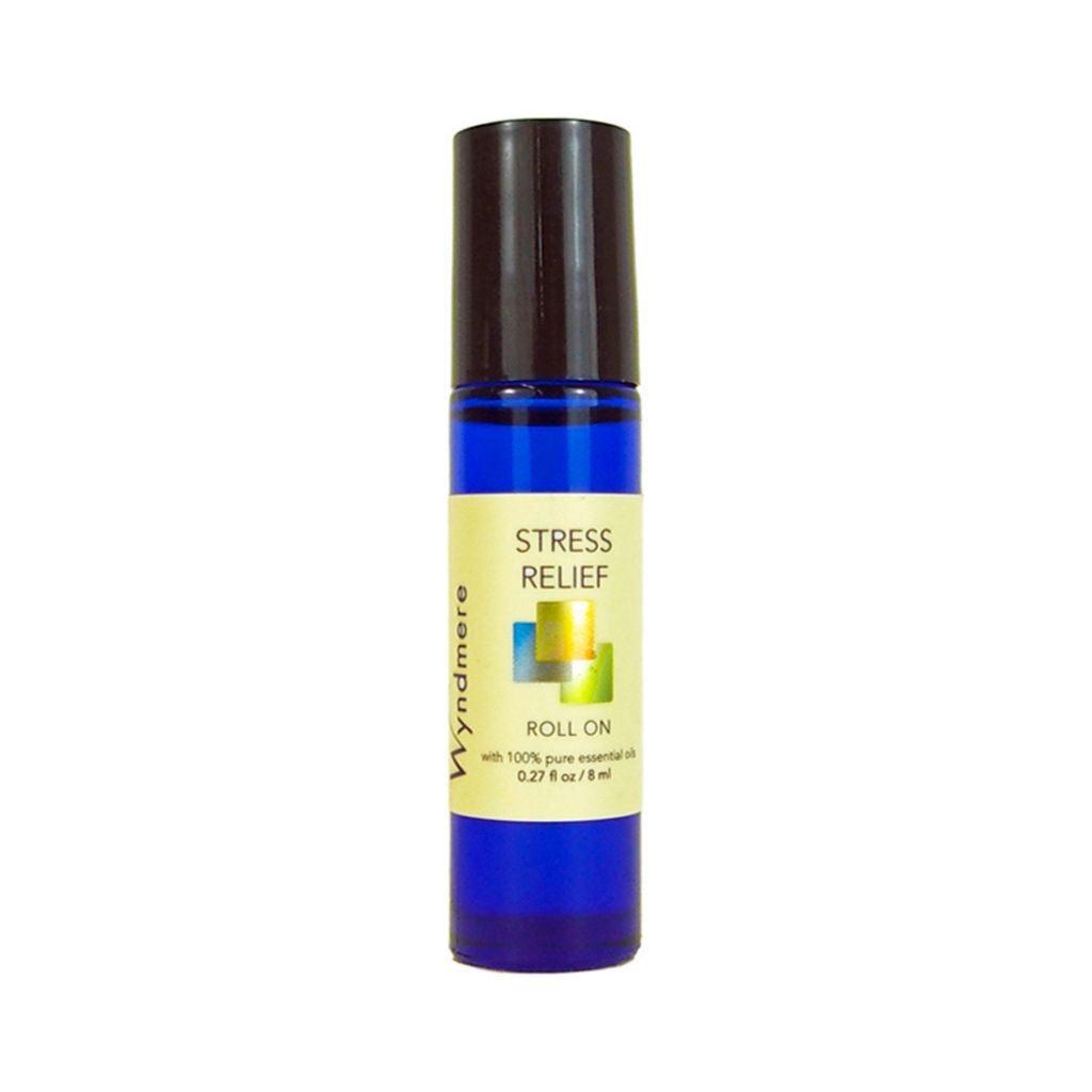 A cobalt blue roll-on bottle of Wyndmere Stress Relief