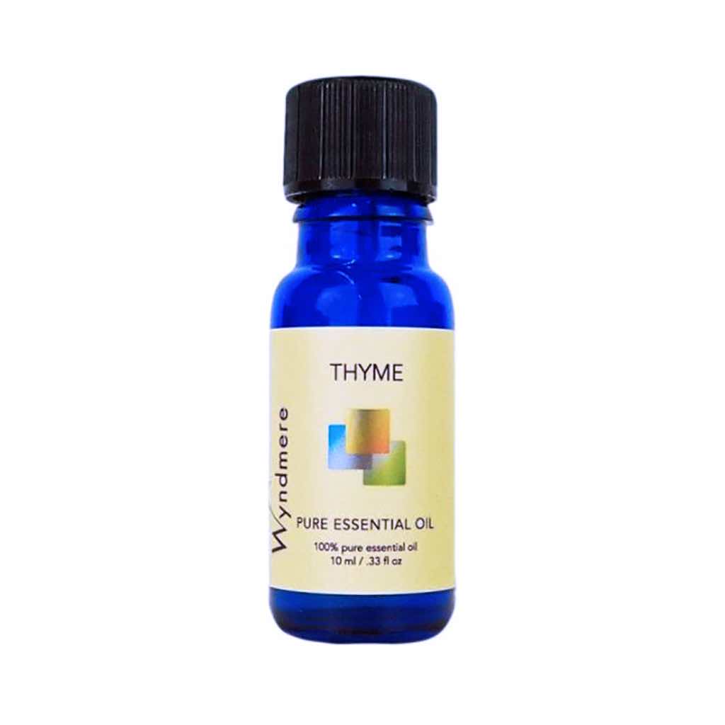 Thyme - 10ml cobalt blue bottle of Wyndmere Thyme Essential Oil that has an intense herbal aroma