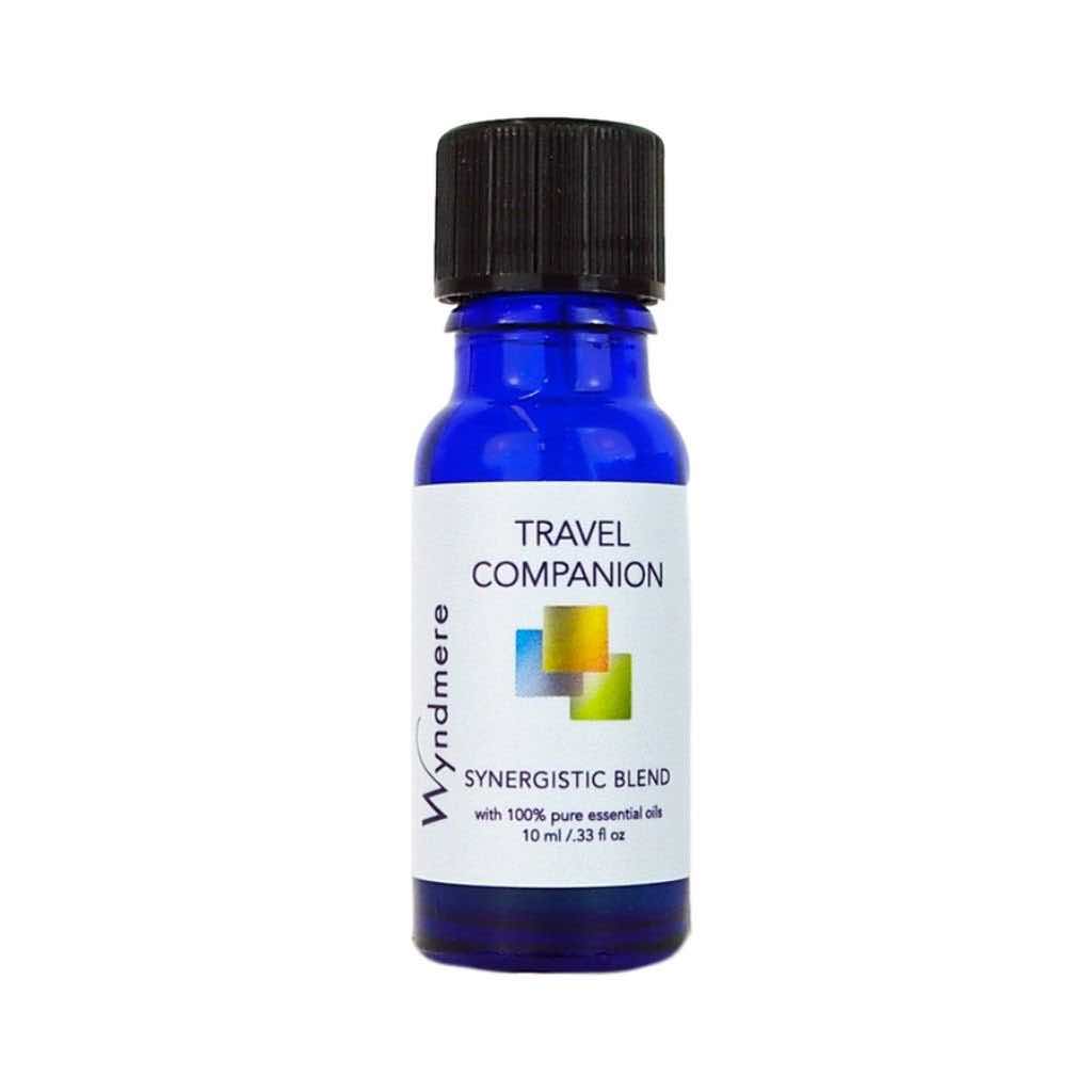 Don't leave home without our rejuvenating and reinvigorating Travel Companion essential oil blend in a blue bottle