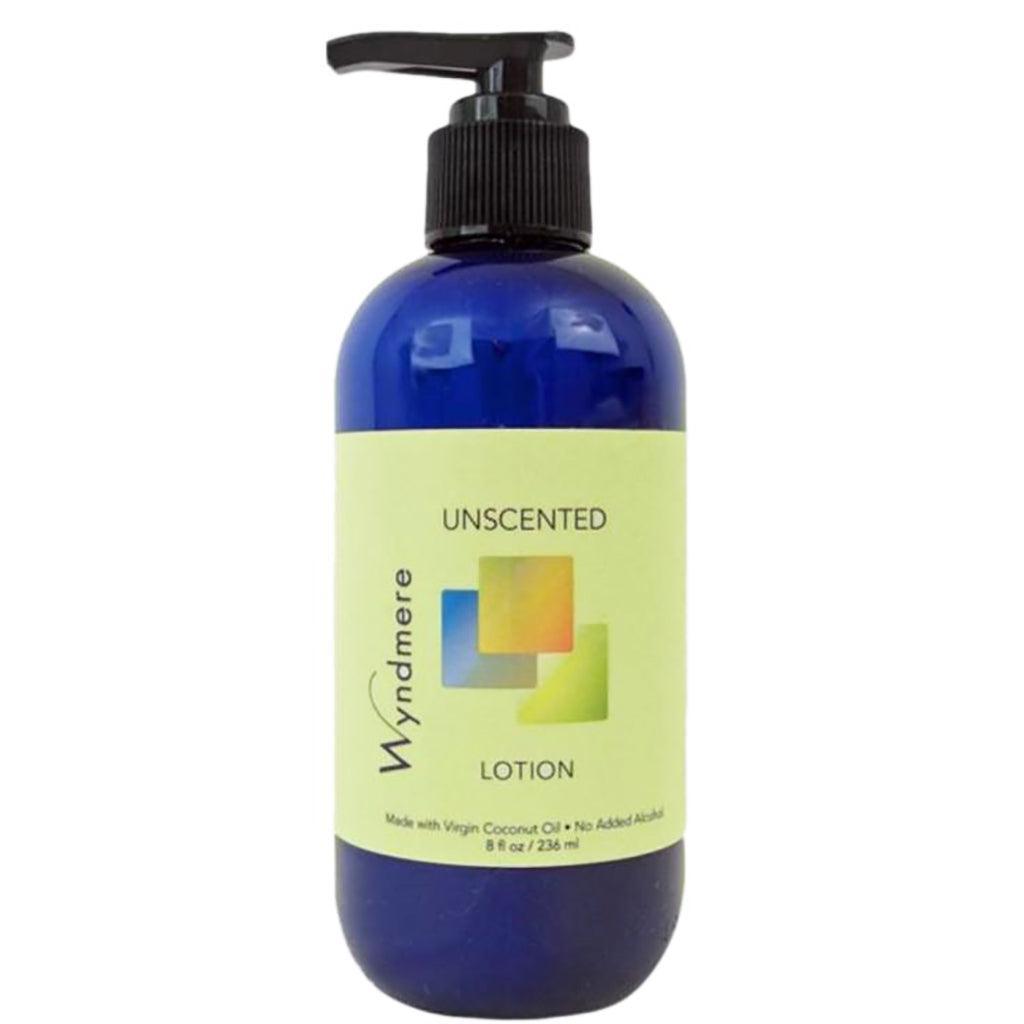An 8oz cobalt blue bottle of unscented moisturizing lotion with no artificial preservatives or alcohols added. Paraben free