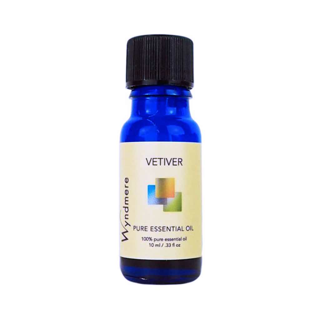 Vetiver - 10ml cobalt blue bottle of Wyndmere Vetiver Essential Oil that has a earthy, grounding, deeply relaxing aroma